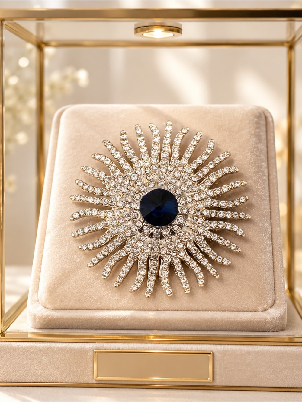 Silver-Tone Rhinestone Sunburst Statement Brooch 45mm